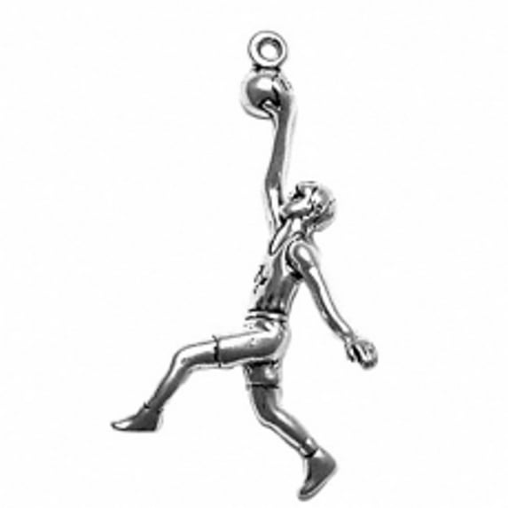 Sterling Silver 16" Unisex 1.5mm Box Chain 3D Basketball Player Taking A Shot Pendant Necklace