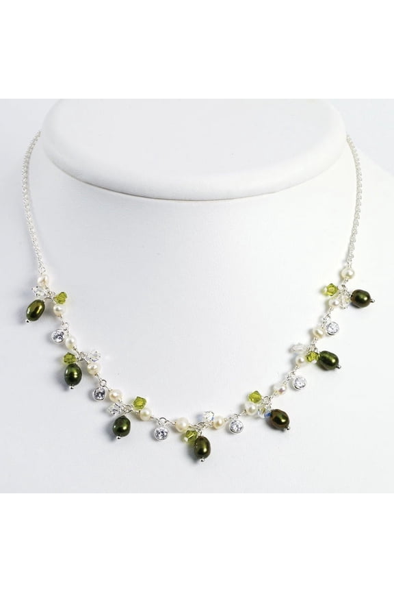 Sterling Silver 16in Green & White Freshwater Cultured Pearls/Crystals/CZ