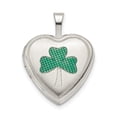 thumbnail image 1 of Sterling Silver 16mm Green Enamel Clover Heart Locket Charm Pendant, 1 of 1