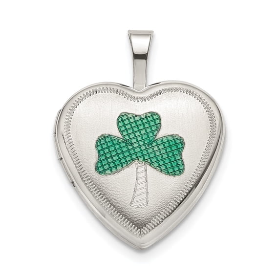 Sterling Silver 16mm Green Enamel Clover Heart Locket Charm Pendant