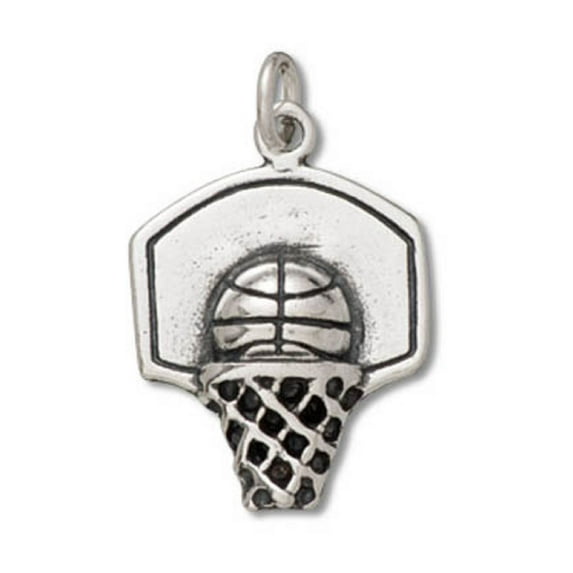 Sterling Silver 18" 1.2mm Box Chain Basketball In Hoop Pendant Necklace