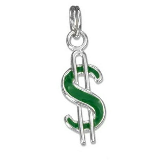 Sterling Silver 18" 1.2mm Box Chain Small Green Enameled Dollar Sign Symbol Pendant Necklace