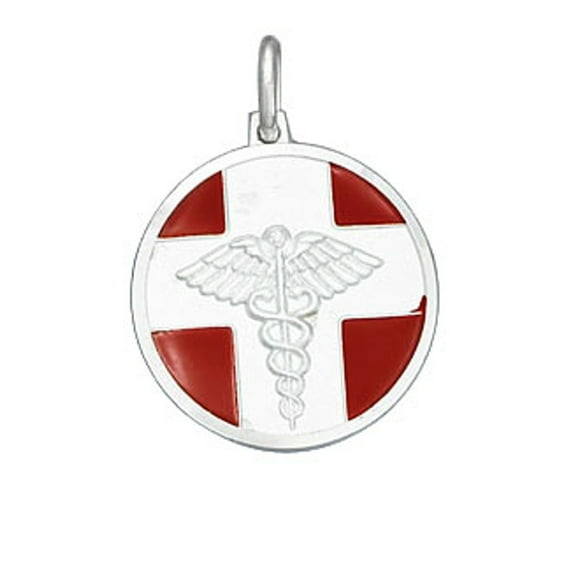 Sterling Silver 18" 1.2mm Round Enameled Medical Identification Emergency Pendant Necklace