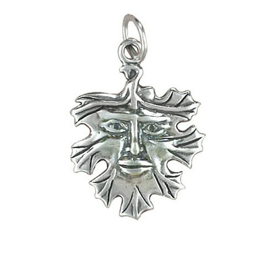 Sterling Silver 18" 1mm Box Chain Green Man Leaf Pendant Necklace