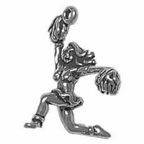 Sterling Silver 18" .8mm 3D Football Cheerleader Holding Pom Poms Kneeling Pendant Necklace
