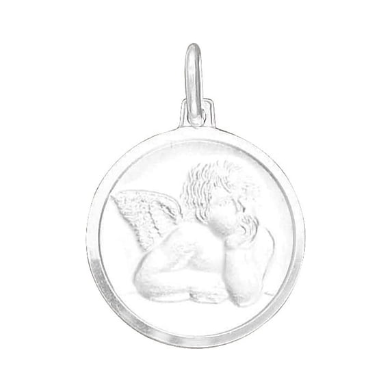 Sterling Silver 18" .8mm Box Chain 3/4" Diameter Rafael Cherub Pendant Necklace