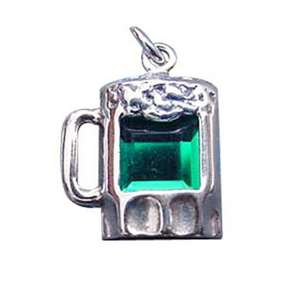 Sterling Silver 18" .8mm Box Chain Green Cubic Zirconia Mug Of Beer Pendant Necklace