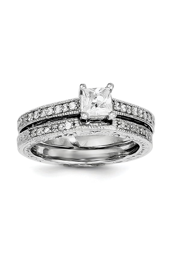 Sterling Silver Rhodium-plated 2-Piece CZ Wedding Set Ring QR2710