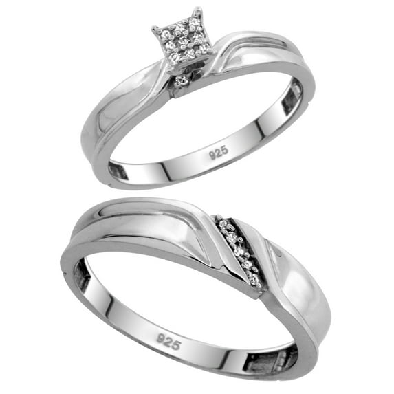 Sterling Silver 2-Piece Diamond wedding Engagement Ring Set for Him and Her Rhodium finish, 3.5mm & 5mm wide, Size 7