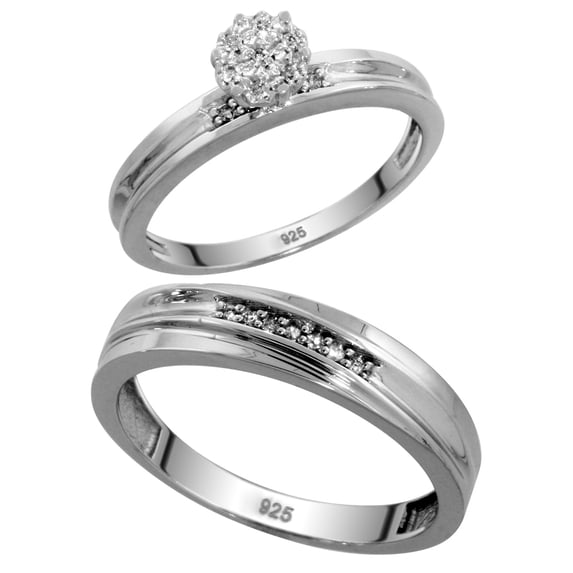 Sterling Silver 2-Piece Diamond wedding Engagement Ring Set for Him and Her Rhodium finish, 3mm & 5mm wide, Size 9