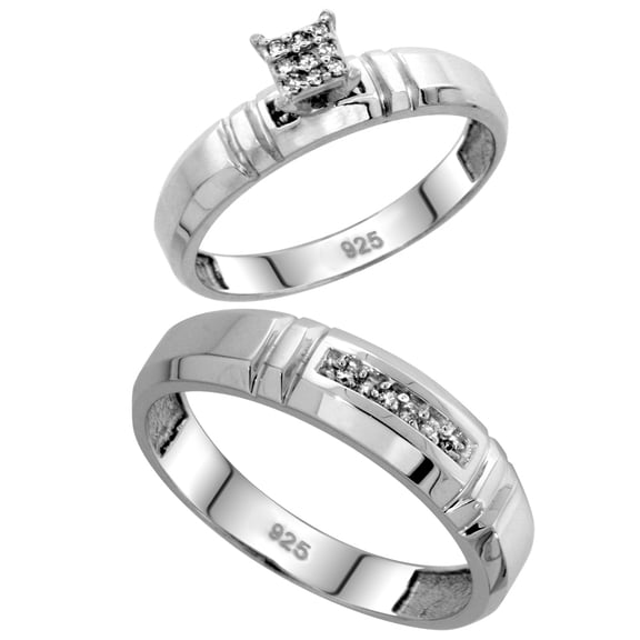 Sterling Silver 2-Piece Diamond wedding Engagement Ring Set for Him and Her Rhodium finish, 4mm & 5.5mm wide, Size 5.5