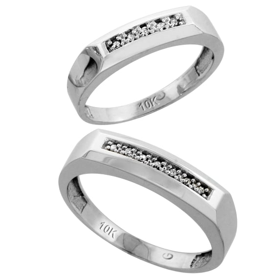 Sterling Silver 2-Piece His (5mm) & Hers (4.5mm) Diamond Wedding Band Set, w/ 0.07 Carat Brilliant Cut Diamonds; Ladies Size 5.5
