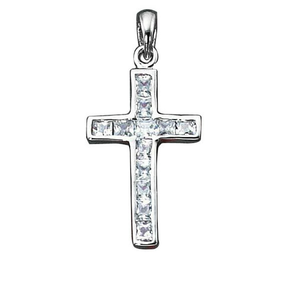 Sterling Silver 20" 1mm Box Chain Channel Set Cubic Zirconia Christian Cross Pendant Necklace