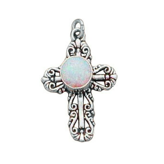 Sterling Silver 20" 1mm Box Chain Filigree Simulated Opal Christian Cross Pendant Necklace