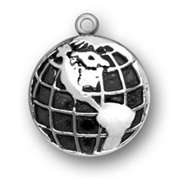 Sterling Silver 20" 1mm Box Chain Flat Round Globe Of The Earth Pendant Necklace