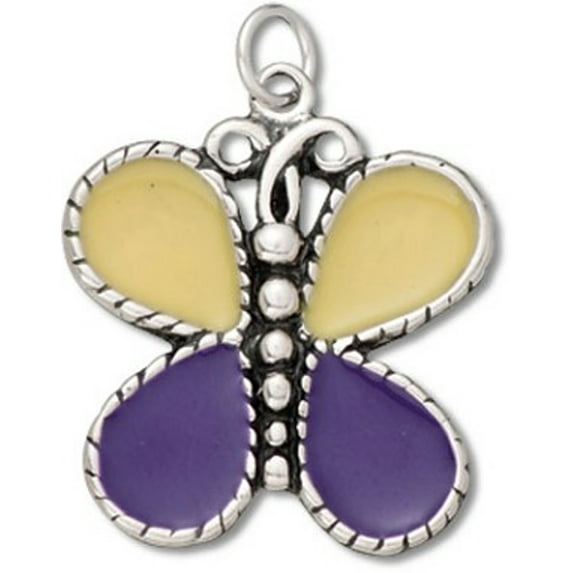 Sterling Silver 20" 1mm Box Chain Large Yellow And Purple Enameled Butterfly Pendant Necklace