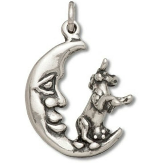 Sterling Silver 20" .8mm 3D Horned Cow Jumping Over Waning Crescent Man In Moon Pendant Necklace