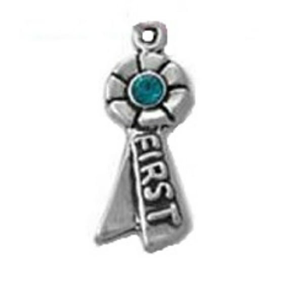 Sterling Silver 20" .8mm Box Chain 3D Blue Crystal In First Place Prize Ribbon Pendant Necklace