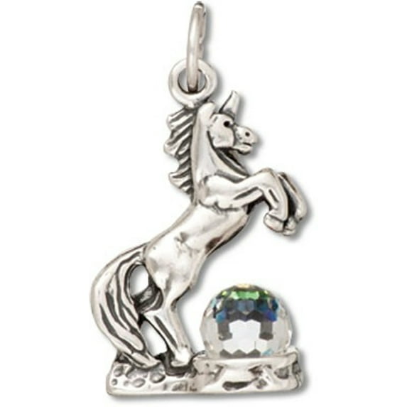 Sterling Silver 20" .8mm Box Chain 3D Fantasy Rearing Unicorn Crystal Ball Pendant Necklace