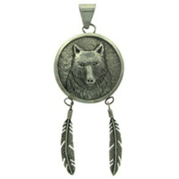 Sterling Silver 20" .8mm Box Chain Wolf In Circle Hanging Feathers Tribal Pendant Necklace