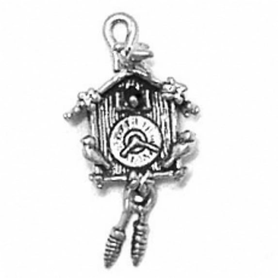 Sterling Silver 20" Unisex 1.5mm Box Chain 3D German Cuckoo Bird Clock Moving Weights Pendant Necklace