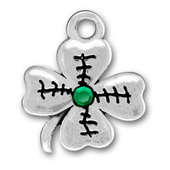 Sterling Silver 20" Unisex 1.5mm Two Sided Four Leaf Clover Pendant Necklace Green Center Crystal