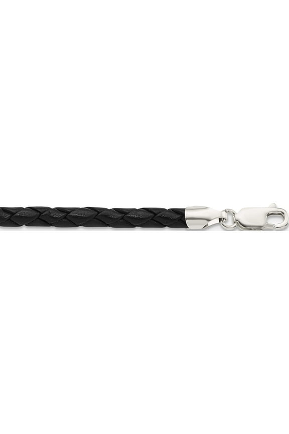 Sterling Silver 20Inch 4mm Black Leather Braided Necklace (20 X 4) Made In United States qk89-20