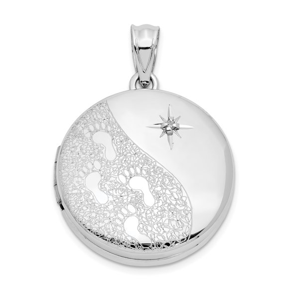 Finest Gold Sterling Silver 20 mm Diamond Textured & Polished Footprints Round Locket