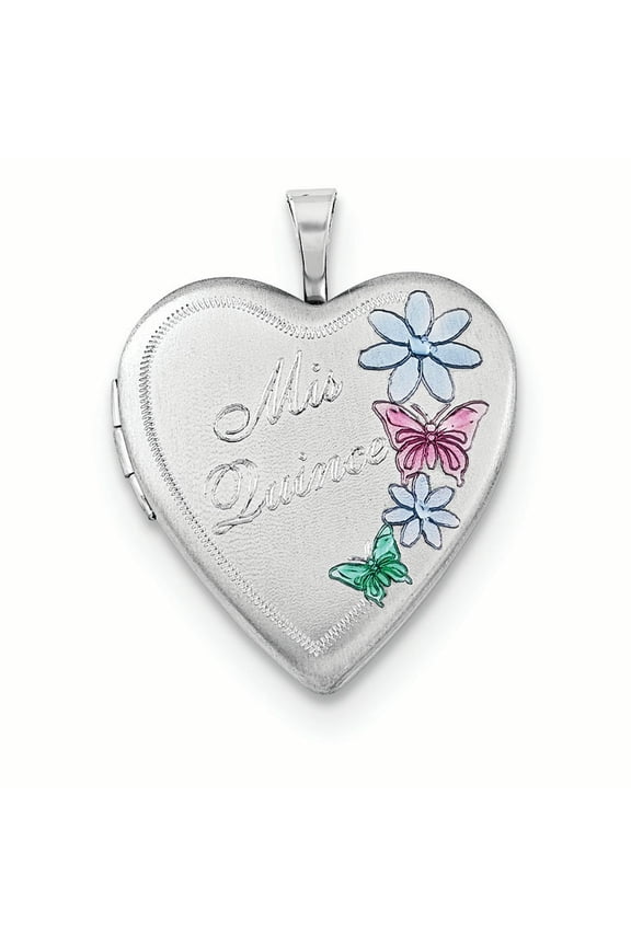 Sterling Silver Satin Enameled Mis Quince Butterfly Heart Locket