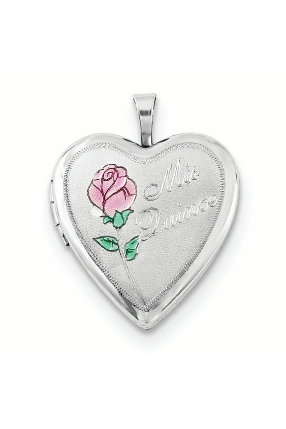 Finest Gold Sterling Silver Polished & Satin 20 mm Enameled Rose Mis Quince Heart Locket