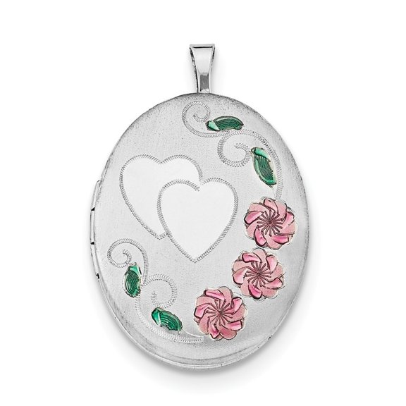 Sterling Silver 20mm Enameled Sparkle-Cut Floral and Heart Oval Locket