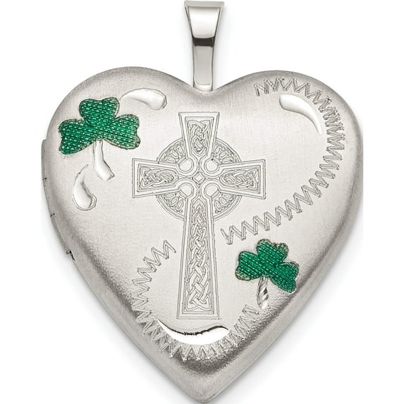 Sterling Silver 20mm Green Enamel Clover/Cross Heart Locket (25.1 X 19.6) Made In Hong Kong qls795