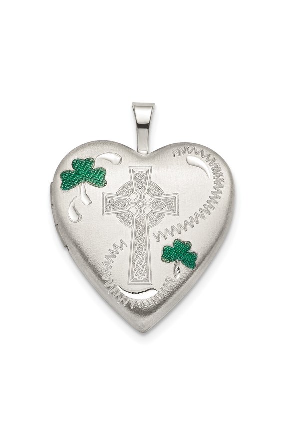 Sterling Silver 20mm Green Enamel Clover Cross Heart Locket - 3.2 Grams