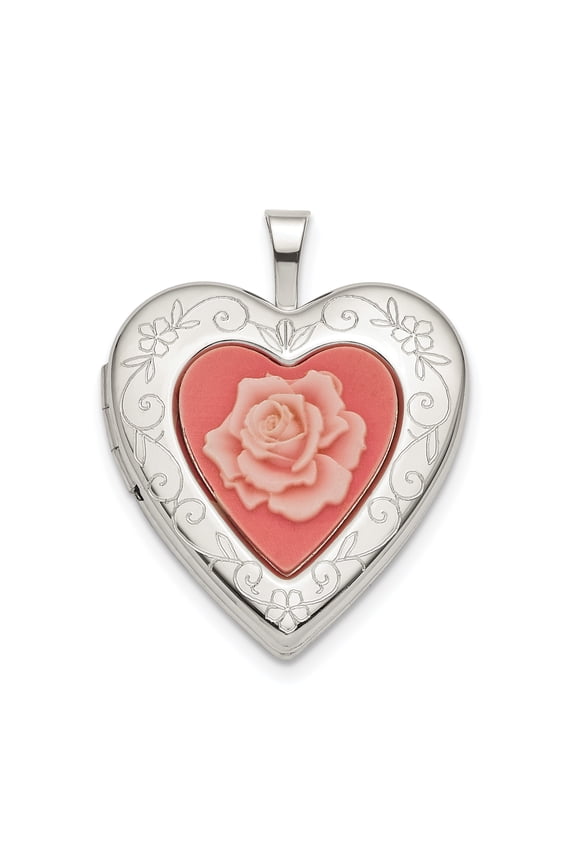 Sterling Silver Rhod-pltd 20mm Pink Resin Rose Cameo Heart Locket Charm Pendant