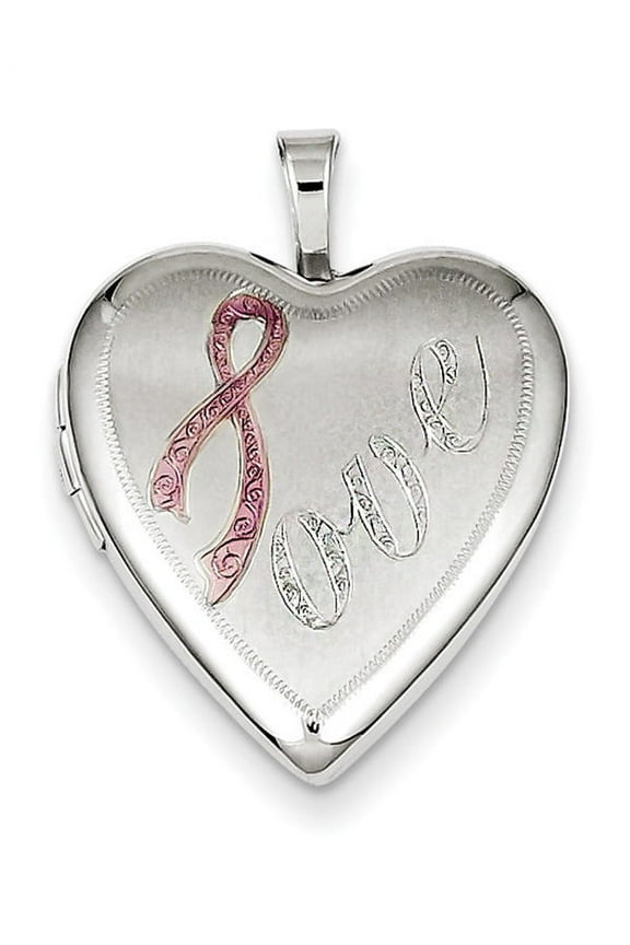 Finest Gold Sterling Silver Rhodium-Plated 20 mm Satin Pink Ribbon Love Heart Locket