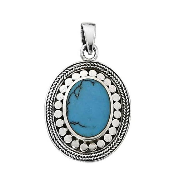 Sterling Silver 24" 1.2mm Box Chain Dotted Roped Framed Simulated Turquoise Pendant Necklace