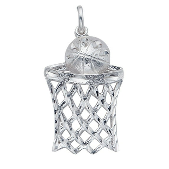 Sterling Silver 24" 1.5mm Basketball Falling Into Netted Basketball Hoop Pendant Necklace