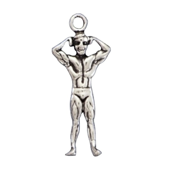 Sterling Silver 24" 1mm Box Chain 3D Body Builder Muscle Man Flexing Arms Up Pendant Necklace