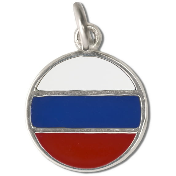 Sterling Silver 24" 1mm Box Chain Round Russian Flag Symbol Pendant Necklace