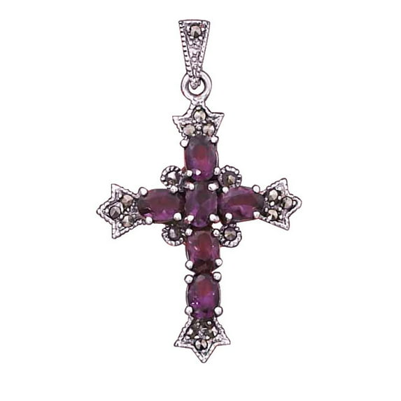 Sterling Silver 24" 1mm Box Chain Synthetic Amethyst Marcasite Christian Cross Pendant Necklace