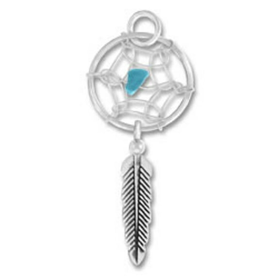 Sterling Silver 24" 1mm Indian Dreamcatcher Simulated Turquoise Stone And Feather Pendant Necklace