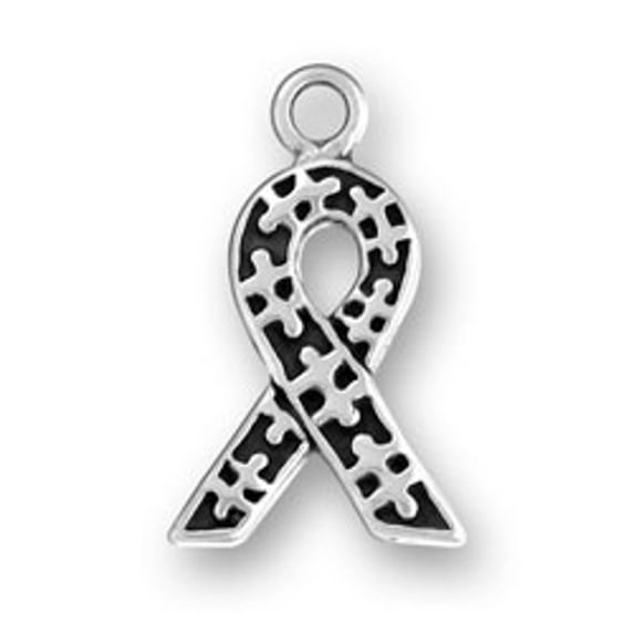 Sterling Silver 24" .8mm Box Chain Autism Puzzle Pieces Awareness Ribbon Pendant Necklace
