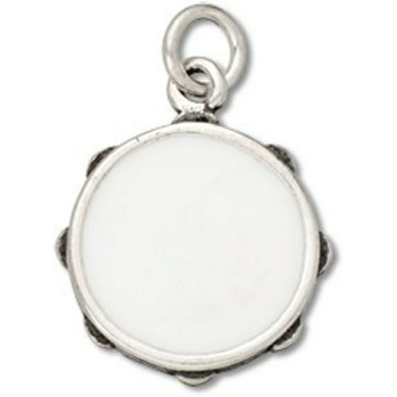 Sterling Silver 24" Unisex 1.5mm Box Chain 3D White Enameled Tambourine Pendant Necklace