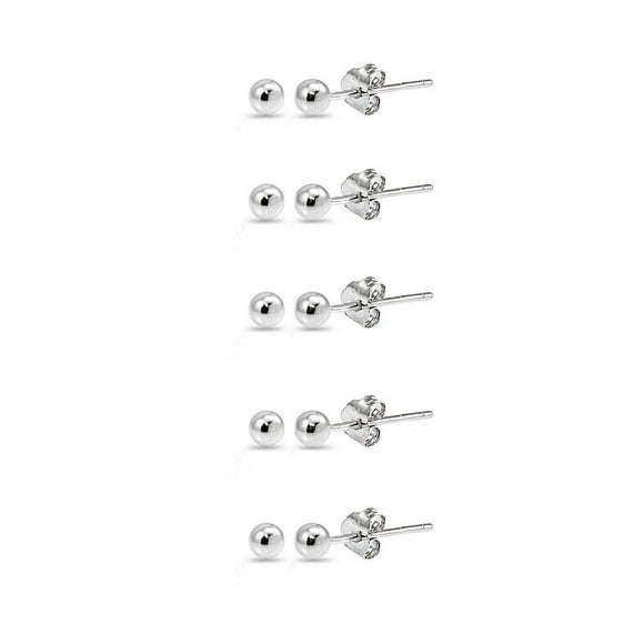 Sterling Silver 2mm Polished Ball Bead Stud Earrings Set of 5