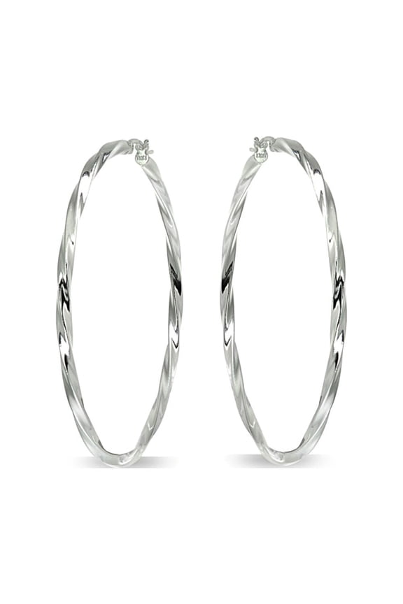 Sterling Silver 2x50mm Twist Round Hoop Earrings