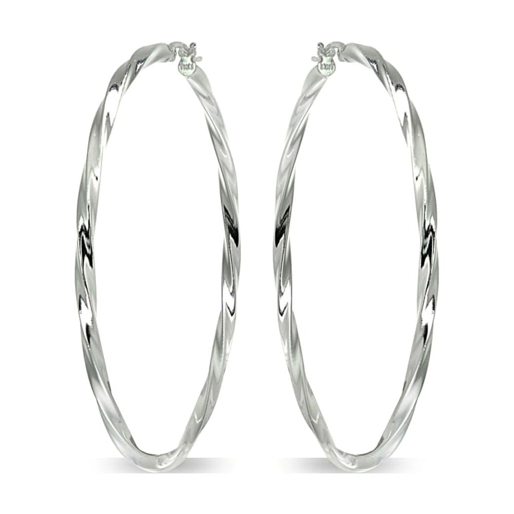 Sterling Silver 2x60mm Twist Round Hoop Earrings