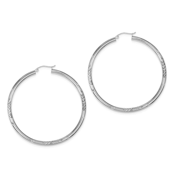 Sterling Silver 3.00mm Satin Sparkle-Cut Hoop Earrings - 5.8 Grams - Measures 58x55mm Wide 3mm Thick