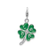 Amore La Vita Sterling Silver Rhodium-plated Polished 3-D Green Enameled 4 Leaf Clover and Clear Crystal LOVE Charm with Fancy Lobster Clasp