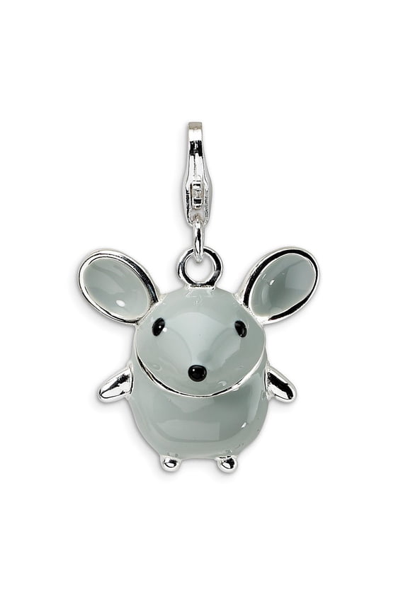 Sterling Silver 3-D Enameled Grey Mouse With Lobster Clasp Charm - 5.2 Grams - Measures 27x18mm