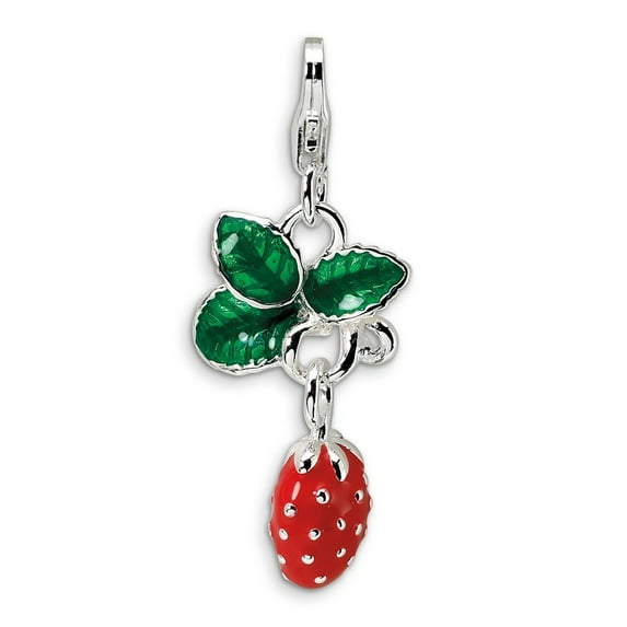 Sterling Silver 3-D Enameled Strawberry With Lobster Clasp Charm - 3.5 Grams - Measures 32x13mm